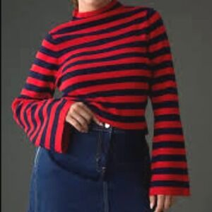 Anthropologie Maeve The Arlowe Bell Sleeve Red Black Striped Mock Neck Sweater